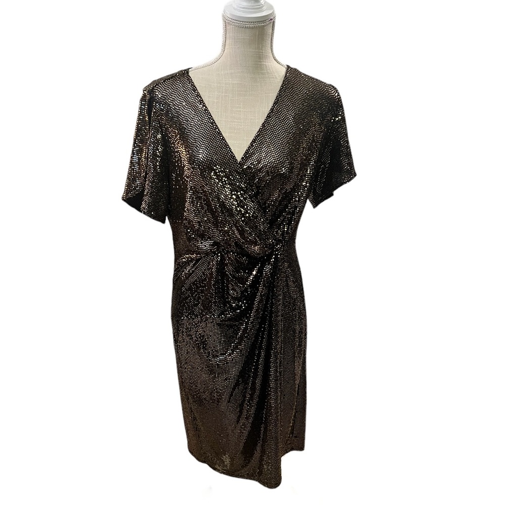 Formal Cocktail Gold Black Sequin Midi Faux Wrap Dress Cap Sleeves